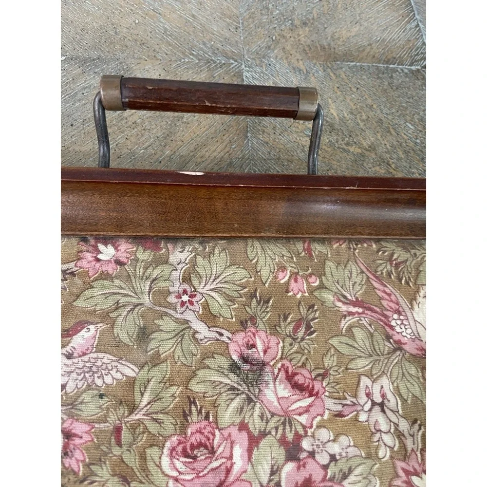 Antique Wood Framed Floral Bird  Tapestry Fabric Under Glass Handled Tray 10x19